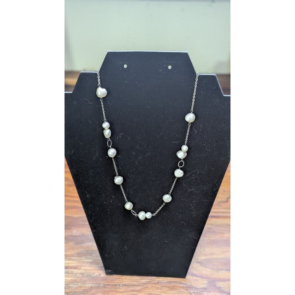 925 Sterling Freshwater Pearl Station Necklace - Silver Chain vintage lot